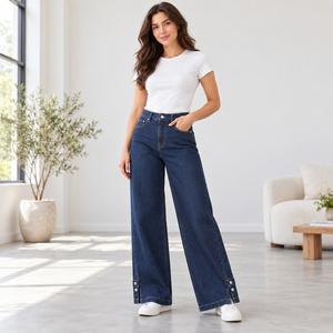 Jean en denim taille haute pour femme, coupe large, avec ourlet à boutons – Indigo foncé, extensible, lavable, offre ODM - Product Image 5