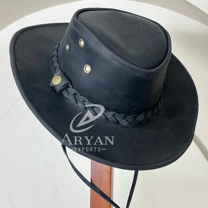 Chapeau de cowboy western en cuir véritable de qualité supérieure, à large bord, vintage, noir vieilli, pour l'extérieur, le ranch, les festivals, pour hommes et femmes - Product Image 1