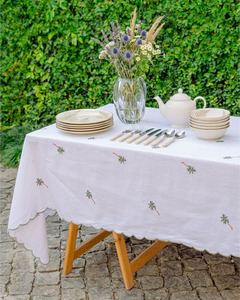 ผ้าปูโต๊ะปักลายต้นปาล์มสีขาวผ้าฝ้ายสั่งทำขายส่ง ทนทานทุกขนาด ขอบหยักสีเขียว ซักได้ - Product Image 4