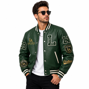 Custom Green Varsity Letterman Jacket Men PU Leather Baseball College Jacket Embroidered Chenille Patch Bomber Jacket OEM Bulk - Product Image 2