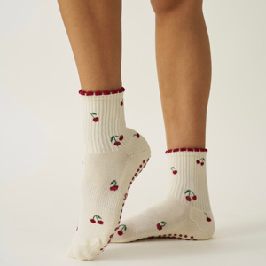 <b>Custom</b> Logo Cherry Pattern Anti Slip Crew Yoga <b>Socks</b> Ribbed Knit Cotton Blend <b>Grip</b> <b>Socks</b> for Pilates Ballet - Product Image 3