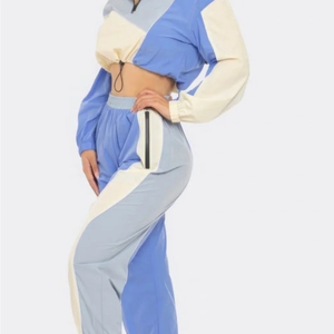 Street Style Fashion Colorblock Half Zip Crop Windbreaker Jacket <b>Jogger</b> Pant <b>Set</b> Blue Black For <b>Women</b> - Product Image 3