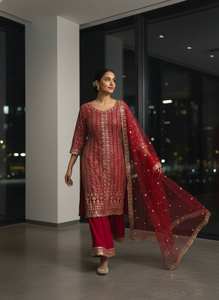 Conjunto de Salwar Kameez Rojo de Lujo con Bordado para Mujer, con Dupatta – Traje Étnico Tradicional Indio para Fiestas - Product Image 4