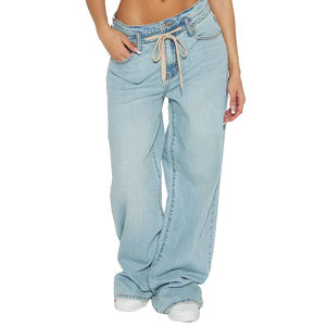 Pantalones vaqueros de mujer personalizados al por mayor, holgados, de cintura alta, transpirables, 100% algodón, teñidos en azul, rasgados, rectos, de mezclilla, para invierno - Product Image 1