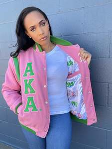 High Quality <b>Pink</b> Reversible Polyester Sleeves Varsity <b>Jacket</b> Full Sleeve Embroidery Snap Button Rider <b>Biker</b> Baseball <b>Jackets</b> - Product Image 2