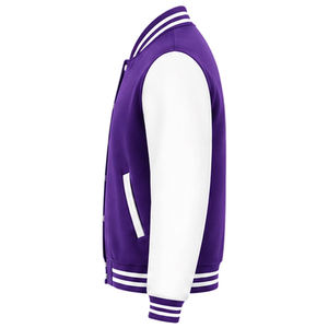 <b>Men's</b> Purple <b>White</b> Varsity <b>Jacket</b> Regular Fit Zipper Closure Preppy Style Fleece Material Turn-down Collar Pockets Autumn Wear - Product Image 4