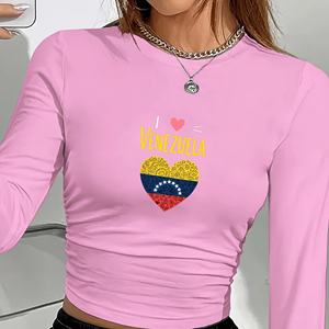 Camiseta de Manga Larga de Punto Y2K para Mujer con Estampado de Corazón de la Bandera de Venezuela, Cuello Redondo, Ajuste Regular, Spandex, Poliéster, para Todas las Temporadas - Product Image 6