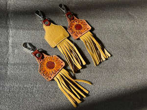 New Western Hand Tooled Leather Suede Fringe Keychains Premium High Quality Genuine Leather <b>Key</b> <b>Fob</b> Sunflower Cowgirl Keychains - Product Image 6