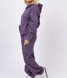 Conjunto de Sudadera y Pantalones Deportivos de Dos Piezas para Mujer, Color Morado, Hombros Caídos, Felpa, Sudadera con Capucha y Pantalones con Puños Acanalados, Estilo Deportivo - Product Image 4