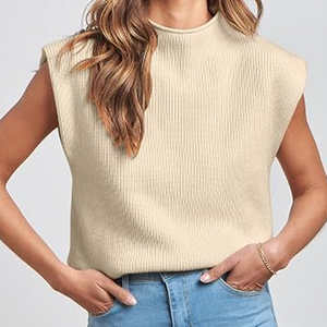 Gilet sans manches en maille côtelée crème pour femme, col roulé, style minimaliste, automne, 100 % acrylique, coupe classique - Product Image 5