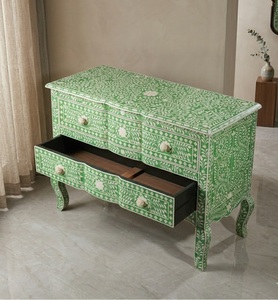Green Mother of Pearl Inlay Solid Wood Hand Carved Accent <b>Sideboard</b> Floral Pattern Bedside <b>Storage</b> - Product Image 3