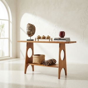 Solid Wood <b>Console</b> <b>Table</b> Mid Century Modern Circular Cutout Lower Shelf Teak Style Wooden Entryway <b>Table</b> Hallway Sofa Side Desk - Product Image 2