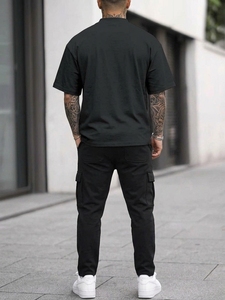 T-shirt noir à col rond et manches courtes pour homme, coupe décontractée unie, 100 % coton jersey respirant, écologique, délavé à l'acide - Product Image 3