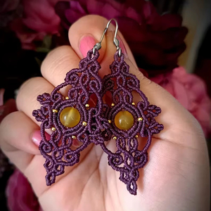 Pendientes Boho de Macramé con Plata de Ley, Piedra de Ámbar Natural, Hechos a Mano, Nudos Morados, Estilo Étnico, Colgantes Dorados para Mujer, Aniversario - Product Image 1