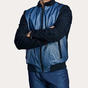 Men's Blue Ostrich Embossed Genuine Cowhide Leather <b>Jacket</b> Premium Quality with Black <b>Suede</b> Leather Arms and Back Winter wear - Product Image 4