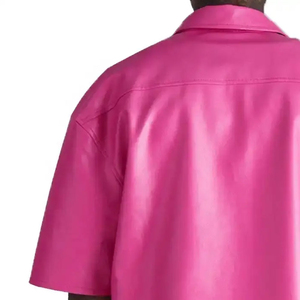 <b>Men's</b> Pink PU Short Sleeve Shirt <b>Jacket</b> Turn-down Collar Solid Color Casual <b>Summer</b> Loose Fit Regular Length - Product Image 5