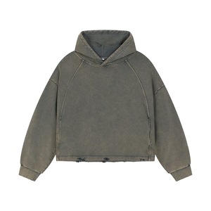 Sudadera con capucha vintage para hombre al por mayor, estilo urbano, personalizada, de algodón de 390 g/m², forro polar, con efecto desgastado, bajo cortado, lavado ácido, lisa - Product Image 2