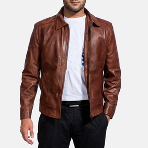 Men's <b>Brown</b> Genuine <b>Leather</b> <b>Jacket</b> Turn-Down Collar Zipper Closure Casual Autumn Outerwear Regular Fit - Product Image 4