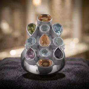 925 Sterling Silver Blue Topaz Multicolor Gemstone Statement Ring Handmade Vintage Jewelry Women's Fashion Wholesale - Product Image 2