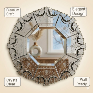 Premium Venetian Decorative Wall Mirror Round Shape with Octagonal Center and Intricate | Floral Etching <b>Antique</b> Style <b>Frame</b> - Product Image 5
