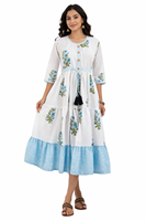 Robe Kali en coton à imprimé floral bohème pour femme - Midi ethnique à manches longues avec pompons et motifs de travail artisanal Jaipuri