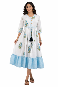 Boho Floral Print Cotton Kali Dress for Women - Long Sleeve Ethnic Midi with Tassels & Jaipuri Hand Block Panel Work Designs - Product Image 6