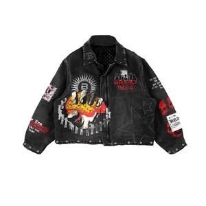 Chaqueta vaquera vintage de alta calidad para hombre, con parches personalizados, estilo urbano, cuello con cremallera, informal. - Product Image 2