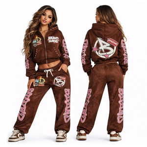 ชุดเซ็ตแทรคสูทผู้หญิงพิมพ์ลายเพชร ชุดฮู้ดดี้ครอปและกางเกงจ็อกเกอร์ 2 ชิ้น สไตล์สตรีทแวร์ ชุดสเวตสูทลายกราฟิก รับสกรีนโลโก้ - Product Image 5