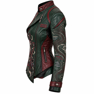 Dark Green Burgundy Women Leather Biker Jacket Graphic Printed Spiked <b>Studded</b> Coat Custom OEM ODM Wholesale Factory Supplier - Product Image 4