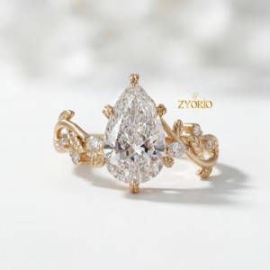 Anillo Romántico con Diamante Cultivado en Laboratorio, Corte Pera, VS, Diseño de Hoja Inspirado en la Naturaleza, Oro, para Compromiso, Boda, Aniversario, Propuesta de Matrimonio - Product Image 2