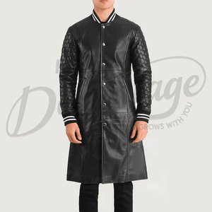 Manteau long en cuir véritable noir pour homme, style varsity, avec manches matelassées et poignets côtelés rayés, manteau en cuir de qualité supérieure - Product Image 6