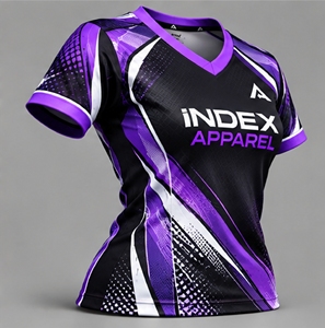 Camiseta de Fútbol Sublimada Negra y Morada para Mujer, Manga Corta, Ajustada, Absorbe la Humedad, para Todas las Temporadas, Marca INDEX APPAREL - Product Image 3