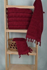 Serviette en coton éponge bordeaux rayée en coton biologique et lin, 18x40 pouces, pour salle de bain, cuisine, spa - Product Image 3