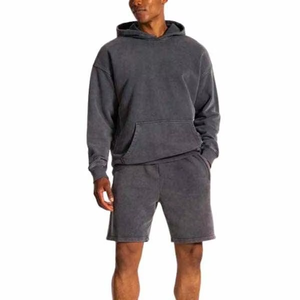 Conjunto de Sudadera con Capucha y Pantalones Cortos para Hombre, Diseño Desgastado Personalizado, Lavado a la Piedra, Transpirable y Bordado, Dos Piezas - Product Image 1