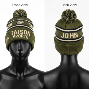 Bonnet de rugby en tricot acrylique premium 320 GSM, vert kaki rayé, avec logo brodé personnalisé, pour l'hiver - Product Image 5