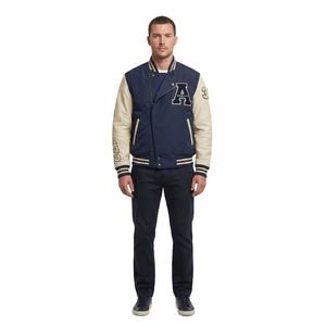 Chaqueta Varsity al por Mayor con Mangas Color Crema, Letra A Bordada en el Frente y Texto Personalizado en la Parte Trasera, Estilo Preppy, Ropa de Otoño - Product Image 2