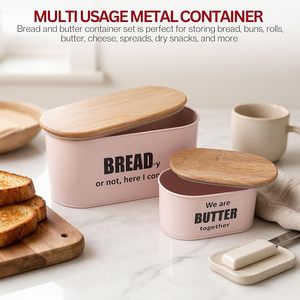 Rosa Metall-Brotkasten mit Holzdeckel Stapelbare Lebensmittel-Aufbewahrungsbox für die Küche - Product Image 6