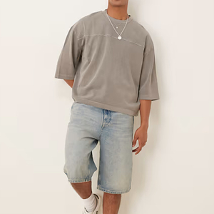 T-shirt en coton gris surdimensionné pour homme, manches courtes, col rond, couleur unie, décontracté, tricoté, streetwear, respirant, séchage rapide, écologique - Product Image 1