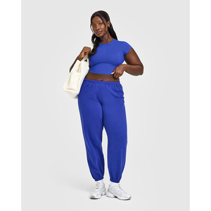 Conjunto Deportivo Casual de Verano para Mujer, Top Corto de Punto Azul con Pantalones a Juego, Transpirable, de Color Sólido - Product Image 3