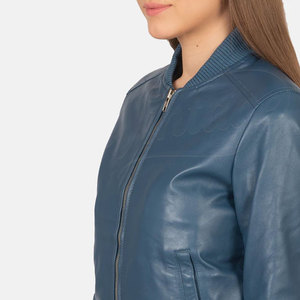 Women Blue Genuine Leather <b>Bomber</b> <b>Jacket</b> Slim Fit Premium Sheepskin Casual Winter Outerwear Fashionable Zip Up Flight Coat - Product Image 1