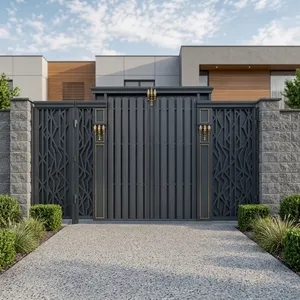 Portail coulissant moderne en métal noir avec panneaux latéraux décoratifs découpés au laser – Portail d'entrée extérieur haut de gamme pour maison et villa - Product Image 4
