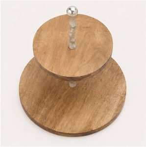 Support à gâteau à 2 niveaux en bois de manguier, support de présentation artisanal pour desserts et cupcakes avec poignée en aluminium pour mariage et fête - Product Image 2