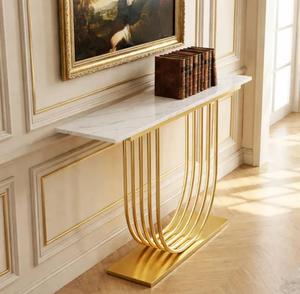 Modern Marble Top <b>Console</b> <b>Table</b> with <b>Gold</b> Metal Sled Base Contemporary Entryway Accent Furniture - Product Image 1