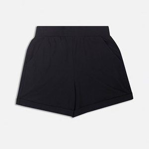 Shorts décontractés d'été pour femmes en microfleece extensible noir uni avec poches latérales boutonnées et taille élastique, personnalisables OEM/ODM - Product Image 6