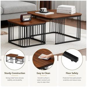 Set of 2 Modern Nesting Coffee Tables with Wooden Top and Black Metal <b>Frame</b> <b>Square</b> Living Room Side Table - Product Image 2