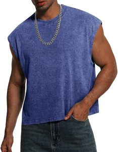 Mens Acid Wash Cropped Tank <b>Tops</b> Dolman Sleeve Oversized Vintage Muscle Sleeveless Boxy <b>Crop</b> <b>Top</b> 100% Cotton Badge <b>Sequined</b> - Product Image 4