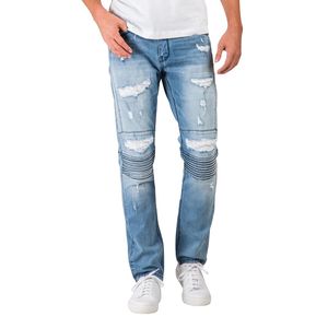 Distressed Biker <b>Jeans</b> Men's Ribbed Moto Denim Trousers Distressed Ripped Cotton Stretch Fabric Urban Streetwear Fashion - Product Image 4