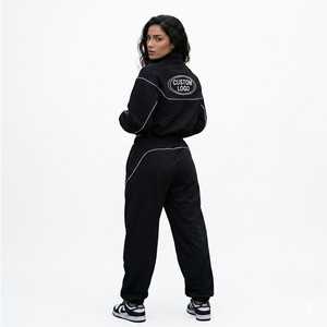 Conjunto Deportivo de Mujer, Negro, Manga Larga, con Cierre, Bloques de Color, Logotipo Personalizado, 2 Piezas, Felpa Transpirable, 100% Algodón - Product Image 3