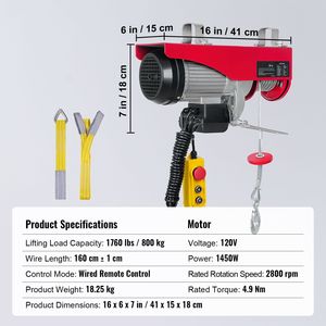 Paranco Elettrico da 1760 libbre con Telecomando Cablato da 14 piedi, 110 Volt, Altezza di Sollevamento 40 piedi, Cavo Singolo, Modello Pure C - Product Image 2