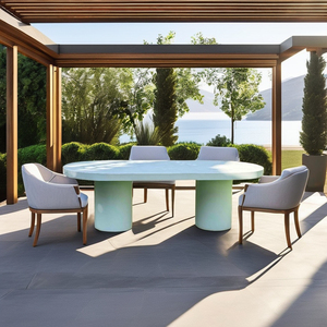 Modern Minimalist White Handmade Durable Cement Oval <b>Dining</b> <b>Table</b> for Home & Villa Use 6 Seater Home Furniture - Product Image 5